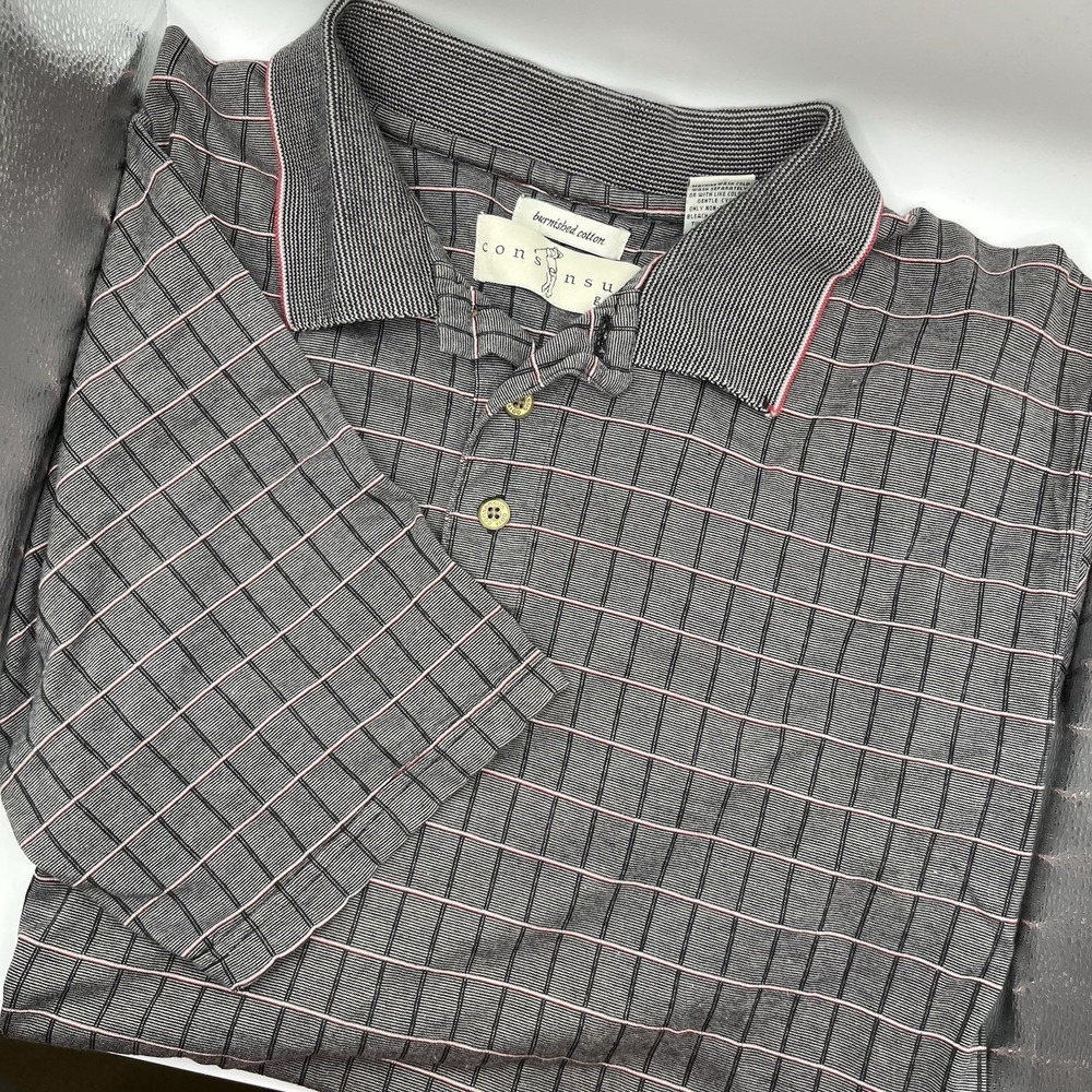 Consensus Golf Polo Shirt Mens Large Grey Grid Check Burnished Cotton S/S
